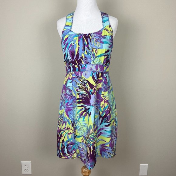 Title Nine Trouble Nimblene Dress‎ 4 Multicolor Tropical Built In Bra Zip A-Line - Picture 1 of 13